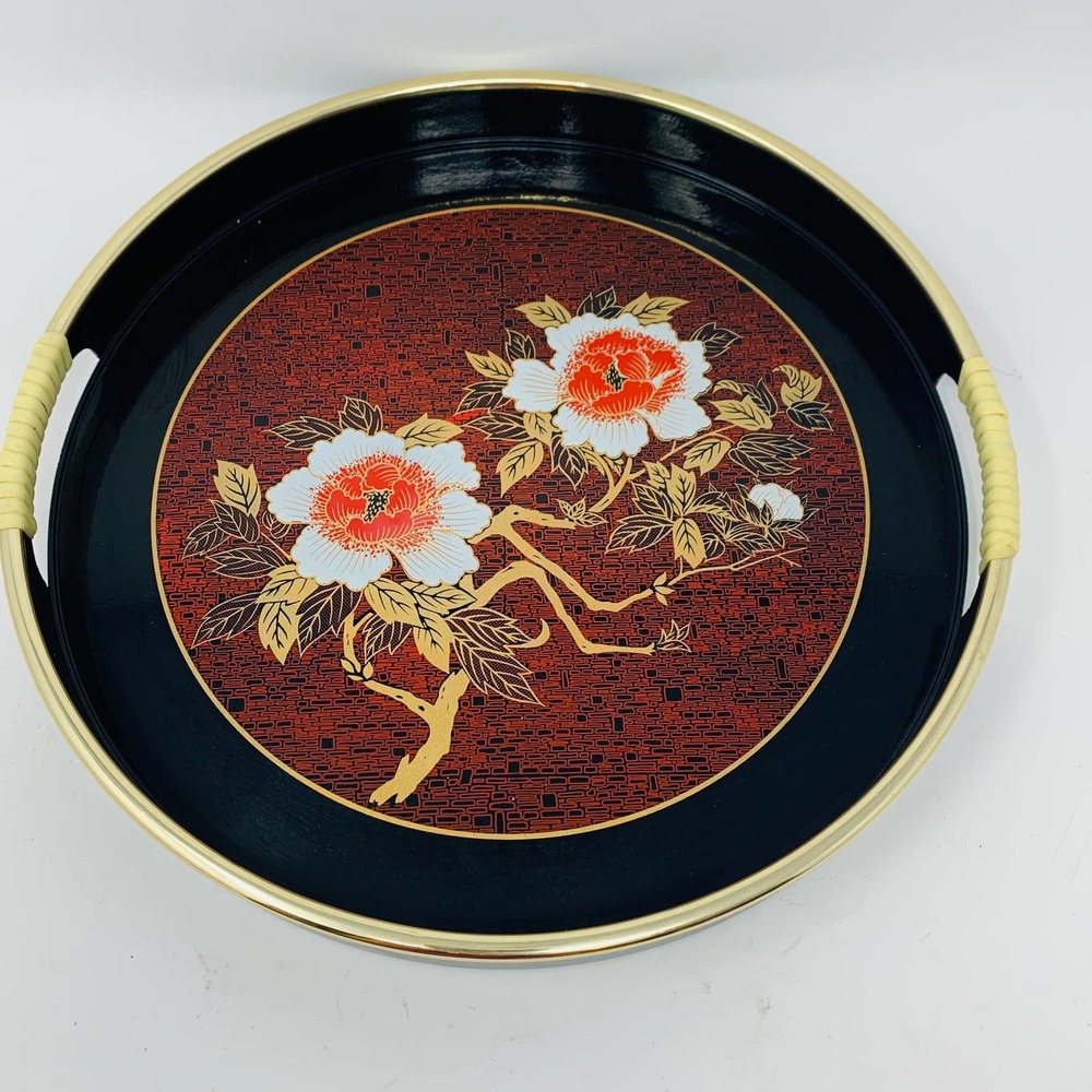 Davar Round Lacquerware Tray with Wrapped Handles Flower Motif Made in Japan